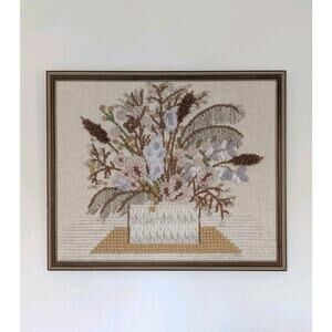 1980's Neutral Dried Floral Basket Crewel Art Work Embroidered Boho Cottage